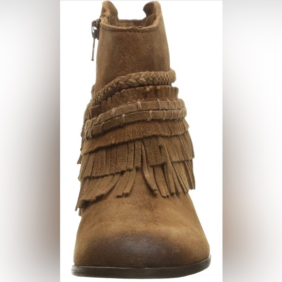 New Naughty Monkey In Lyne Boho Fringe Western Tan Suede Block Heel Ankle Boot - Picture 5 of 16